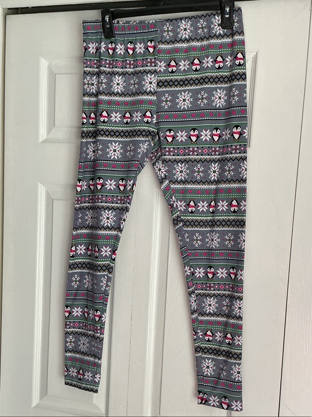 No Boundaries Gray Penguin Pattern Leggings with Pink & Green Accents